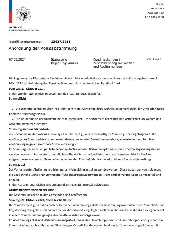 Kundmachung - Anordnung der Volksabstimmung