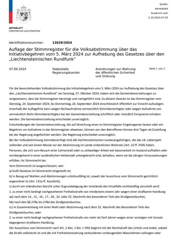 Kundmachung - Auflage der Stimmregister